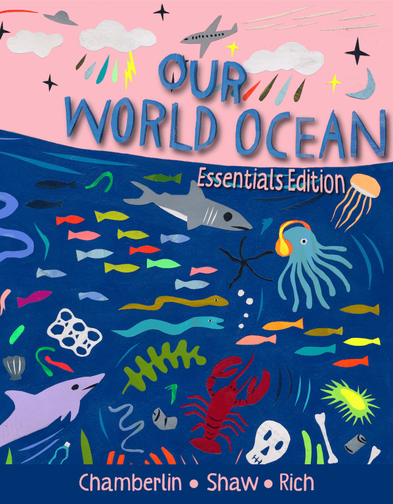 Colorful, creature-filled, art cover of Our World Ocean