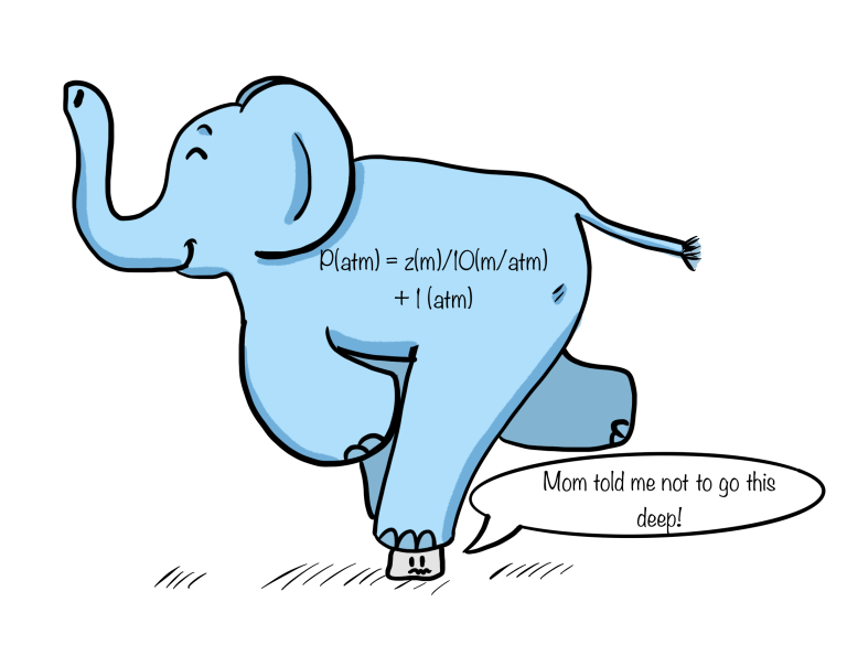 Cartoon of a blue elephant balanced on a head which says, "Mom told me not to go this deep."